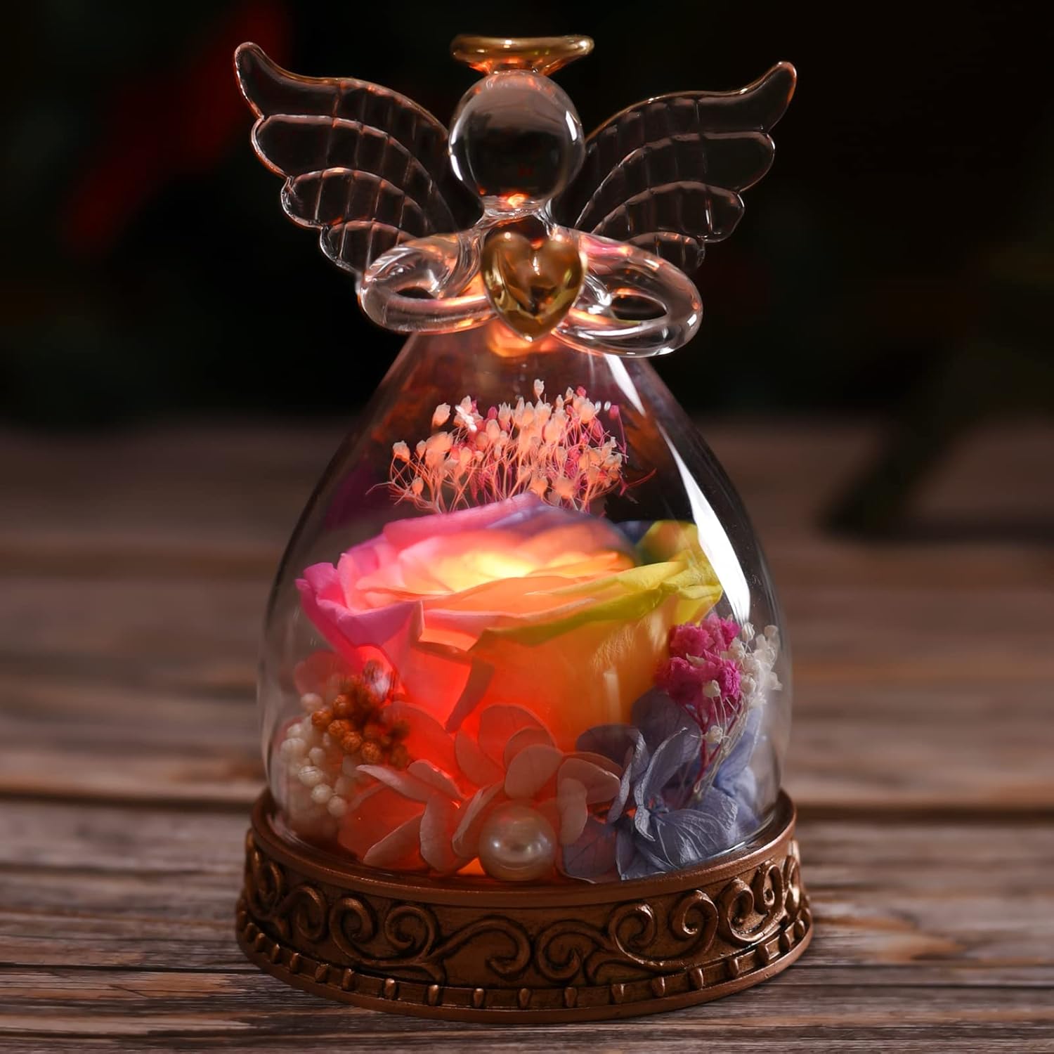 Dried & Preserved Flora - Aastin Angel Gifts for Women, Mom, Grandma, Preserved Real Rose in Glass Angel Figurine with LED Light, 1PSC Rose Gifts on Christmas, Birthday, Mother's Day, Valentine's Day (Rainbow)