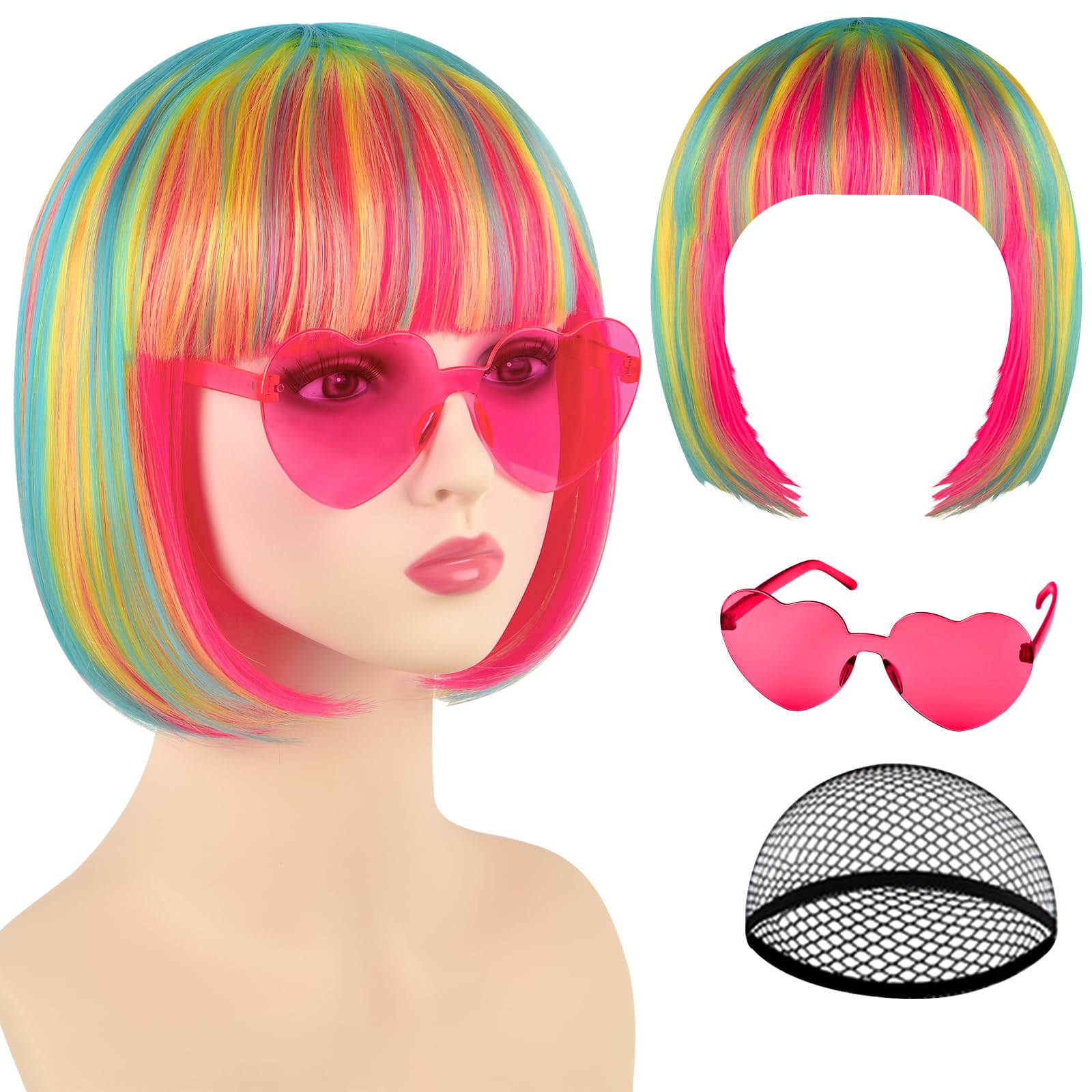 Photo 1 of PLULON Pink Blue Yellow Bob Wig 
