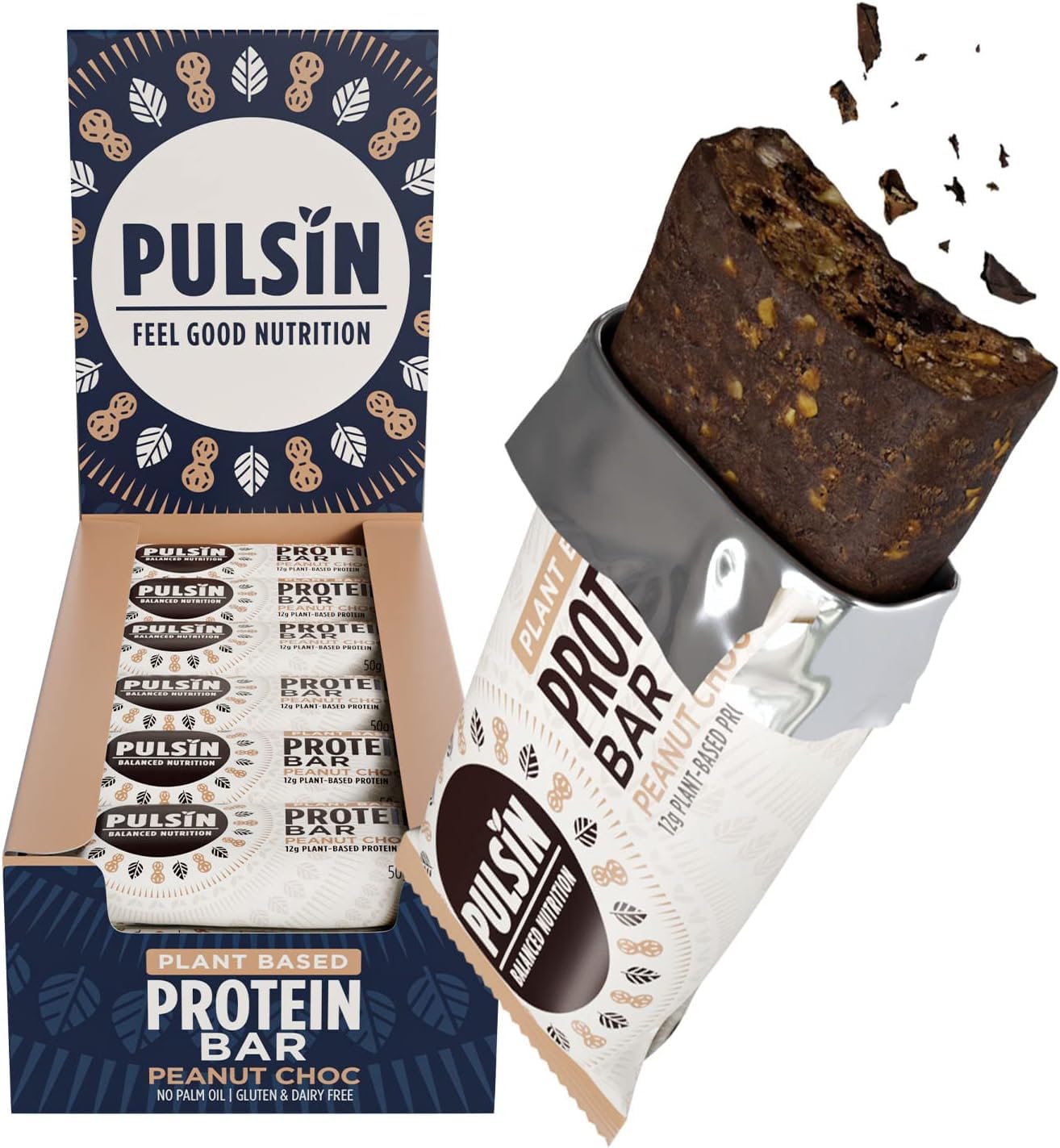 Pulsin - Peanut Choc Chip Vegan Protein Bars - 18 x 50g - 12.3g Protein, 5.4g Fibre, 234 Kcal Per Serving - Gluten Free, Plant Based, Palm Oil Free & Dairy Free Snack Bar