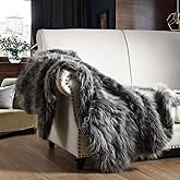 Luxury Faux Fur Throw Blanket, Grey and Black High Pile Mixed Throw Blanket, Super Warm, Fuzzy, Elegant, Fluffy Decoration Blanket Scarf for Sofa, Couch and Bed, 50''x 60''