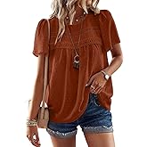 YNIQUE Womens Summer Tops Crewneck Short Sleeve T Shirts Casual Chiffon Blouses Flowy Lace Hem Trendy 2025