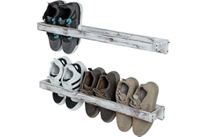 MyGift 30 Inch Shabby White Washed Solid Wood Wall Mounted Shoe Hanger Storage Rack, Hanging Shoes Organizer Shelf for Closet