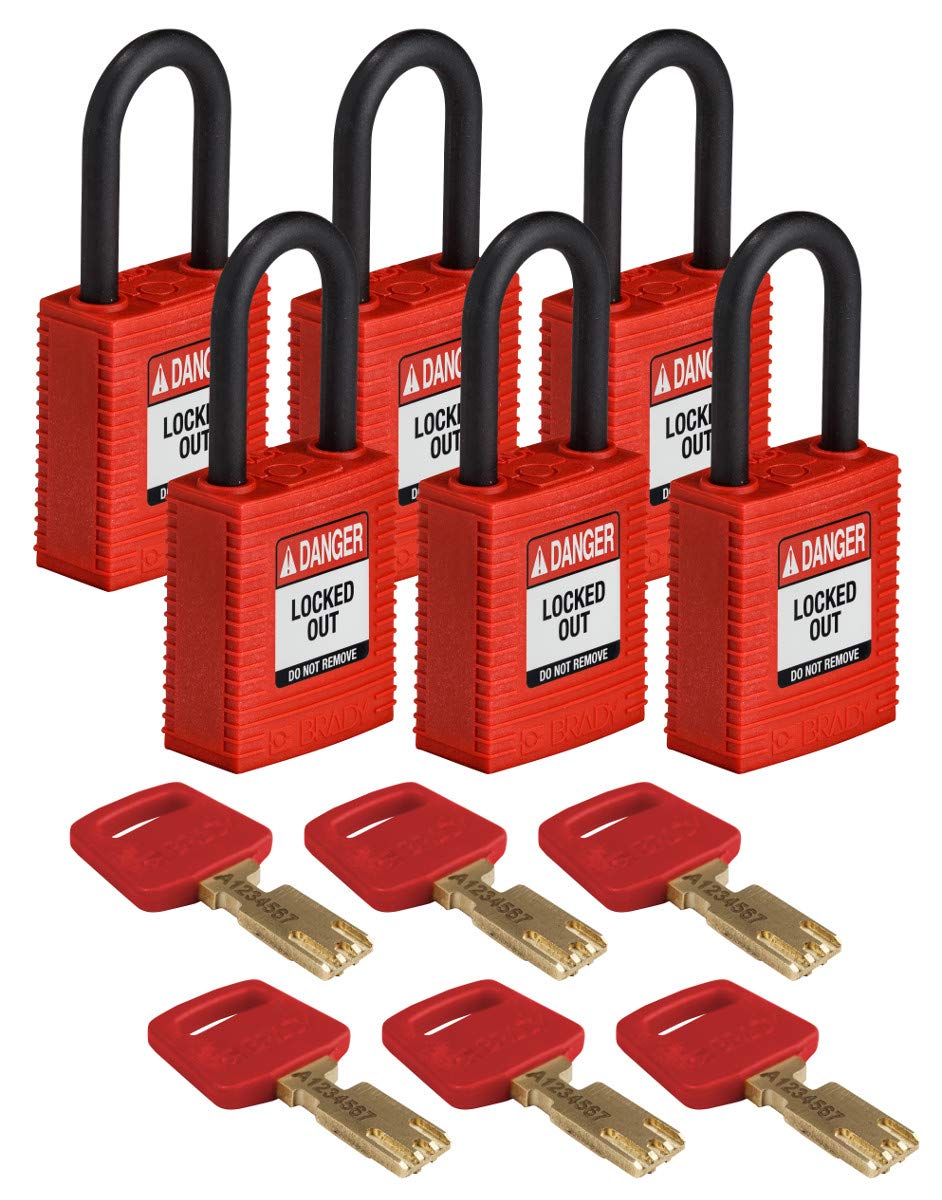 Brady SafeKey Nylon Padlock, Nylon Shackle, 38mm x 84mm x 19mm, Red, Pack of 6
