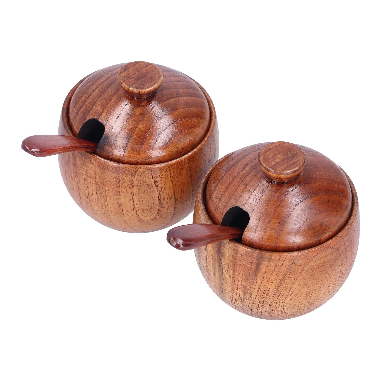 MOUMOUTEN Wooden Round Salt Pot, Retro Spice Jar Salt and Pepper Seasoning Pot with Lid and Spoon, Cooking Utensil Kitchen Tool for Sugar Tahini (2 PCS)