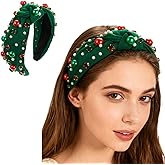 LKQBBSZ Christmas Jeweled Headbands for Women Girls Christmas Bow Pearl Knotted Headband Wide Top Knot Hairband