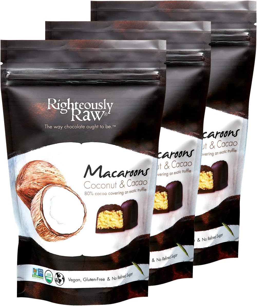 Righteously Raw Dark Chocolate Macaroons! Made with Pure Organic Dark Chocolate! Vegan, Kosher, Gluten-Free, Non-GMO, Dairy, Soy Free, with 5 Macaroons individually wrapped in each of the 3 pouches!