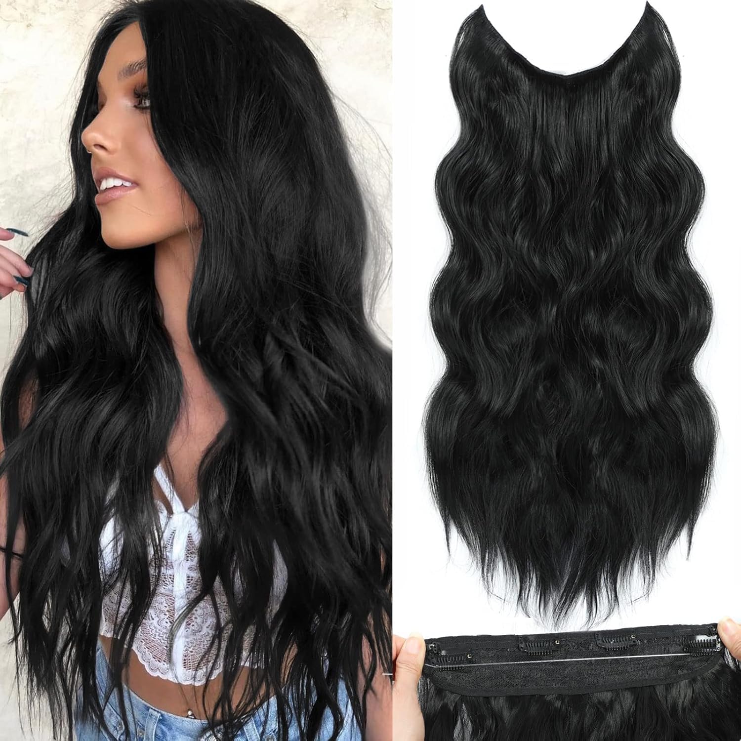 PORSMEER 20inch Long Black Hair Extension with Transparent Invisible Wire, Clip in Hair Extension, One Piece Curly Wavy Hair Pieces Adjustable Size with 4 Secure Clips for Women,1B โ image 1