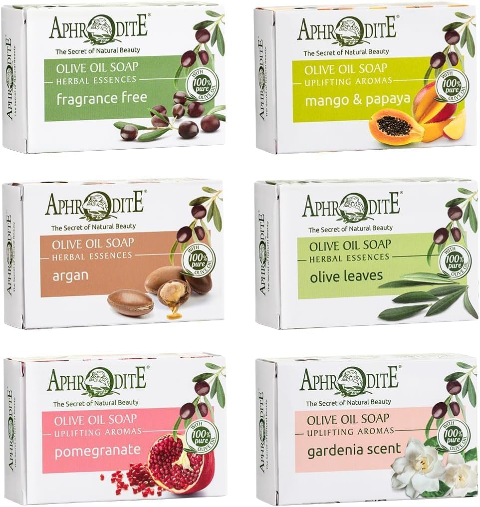 Aphrodite Olive Oil Soap Set, 6-Pack – Natural from Greece with 100% Olive Oil (Fragrance-Free, Mango & Papaya, Argan, Pomegranate, Gardenia) – Hand & Body Soap