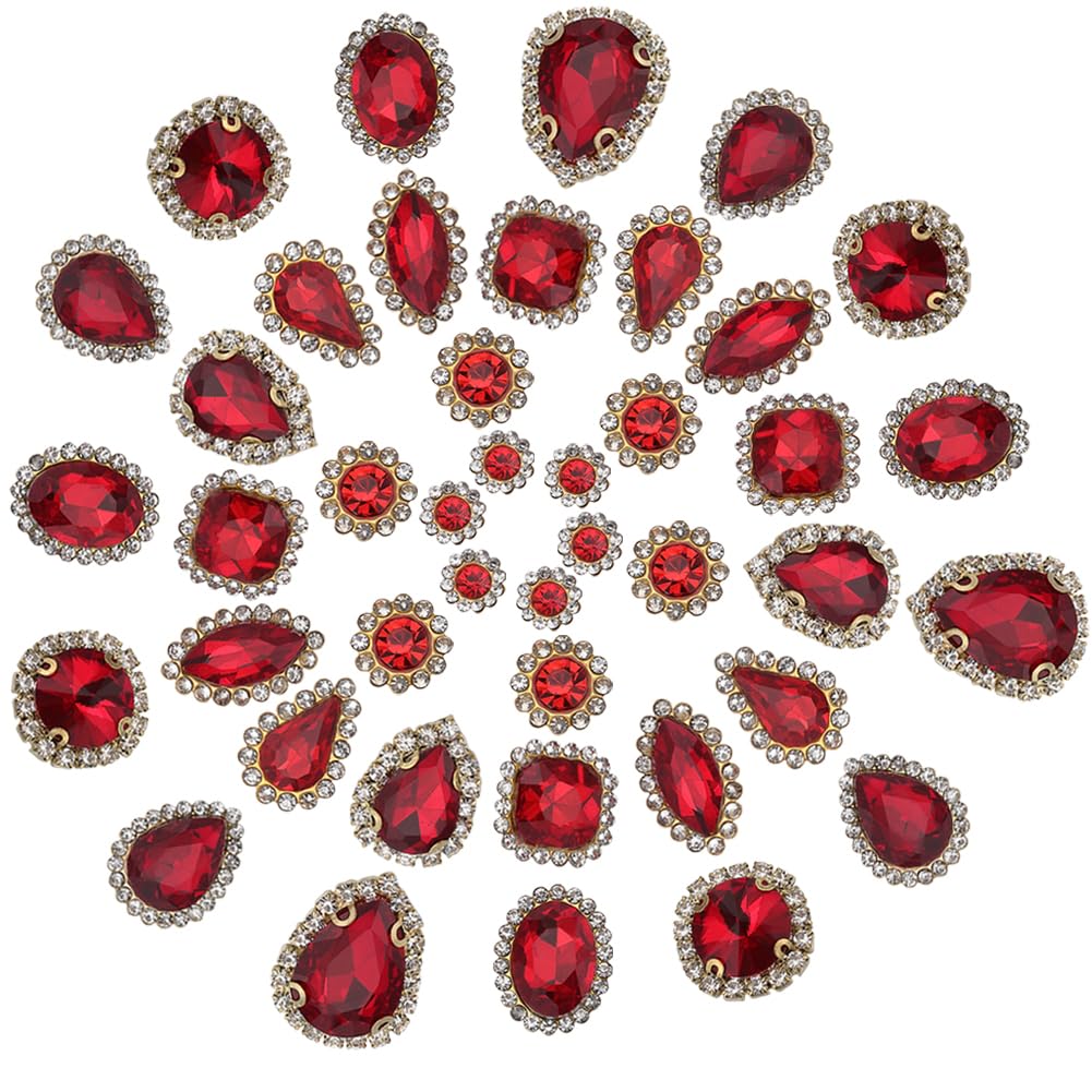 GORGECRAFT 100PCS 10 Styles Sew on Rhinestones Round Horse Eye Crystal Claw Gold Prong Setting Glass Sewing Flatback Fancy Stone Gems with 4 Holes for Jewelry Charms Making Clothes Shoes Crafts Red