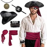 6-Piece Pirate Accessories Costume Set for Adults, Realistic Tricorn Hat | with Red Bandana, Waist Sash, Eye Patch, Skull Bracelets & Necklace, Mens Captain Buccaneer Party Outfit