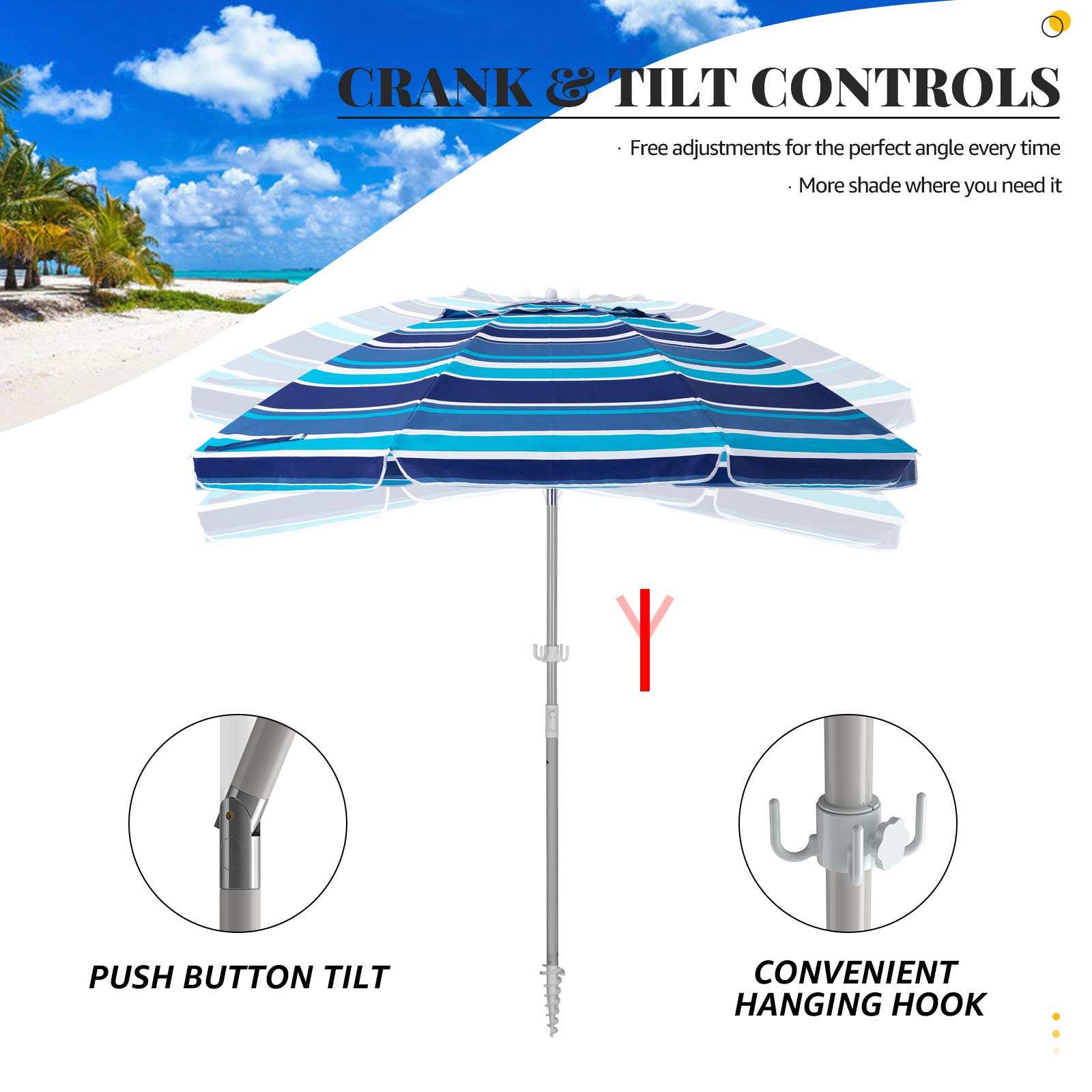 SERWALL 7.5FT Beach Umbrella UV 50+ Outdoor Portable Sunshade Umbrella with Sand Anchor, Push Button Tilt and Carry Bag for Patio Outdoor Garden Beach (Blue-White Stripe)
