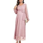 CYCLAMEN 2025 Maternity Sparkly Mesh Maxi Dress Long Sleeves Long Flowy Pregnant Dress with Belt Baby Shower Formal