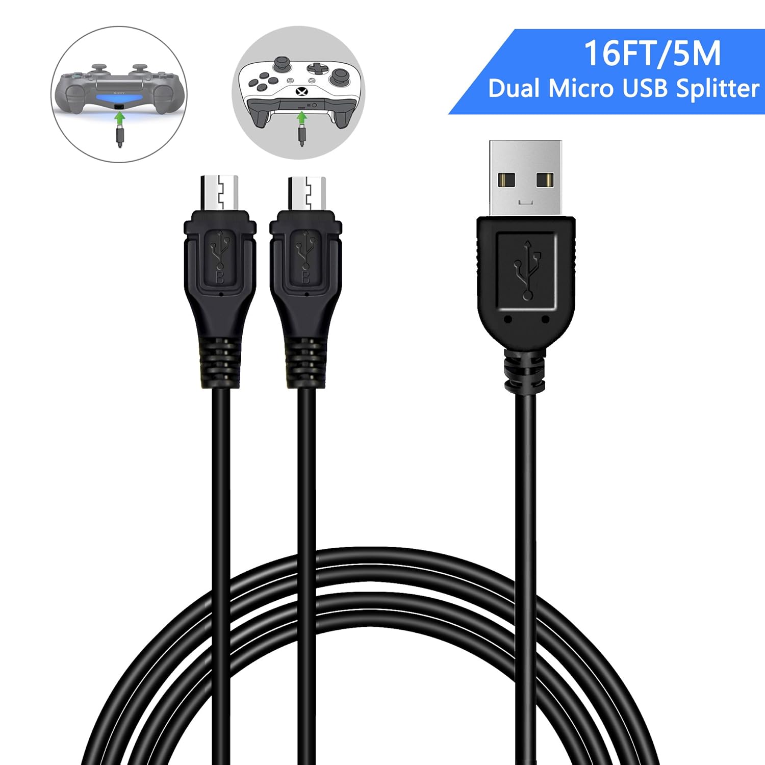 16ft PS4 Controller Dual Charging Cable, Extra Long Play