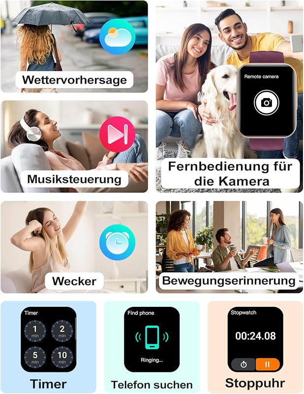 Smartwatch für Damen Herren Bluetooth-Anruffunktion 1.85" HD Fitnessuhr