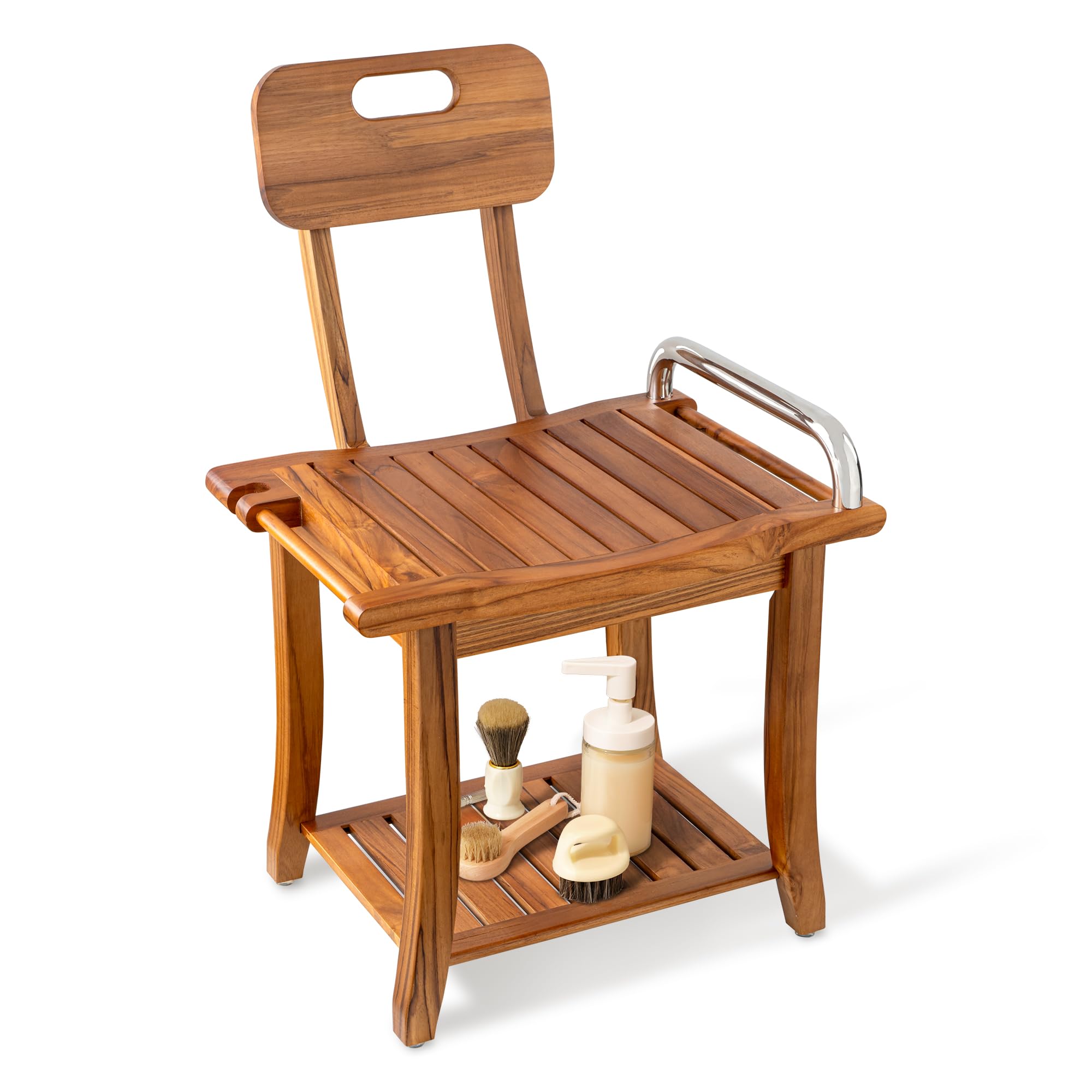 Photo 1 of Fun Memories Teak Shower Bench Seat with Handles and Backrest, 19" Solid Wood Shower Stool Waterproof Shower Seat with Storage for Inside Shower Legs Shaving, Seniors Elderly Heavy Duty