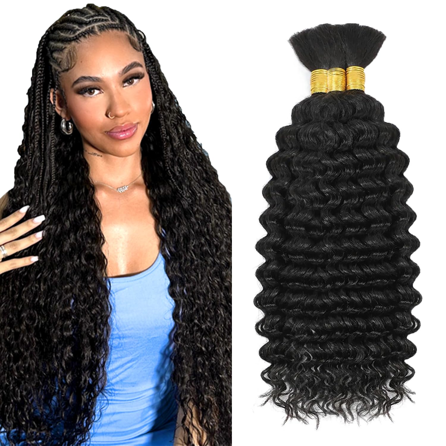 Photo 1 of 34 34 34 Inch Human Hair Bundles for Braiding Deep Wave Bulk Human Braiding Hair Deep Curly Boho Hair for Braiding Hair Extensions