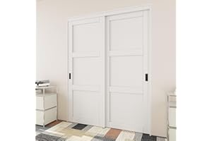 JUJUBON Closet Sliding Door, 60"×80"(Double Doors 31"), 3 Panel Sliding Door with Hardware Kit, Pre-Drilled Doors Panel, MDF with Paintable Surface, Need to Assemble, White