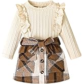 DOMOABEI Toddler Girl Fall Winter Clothes Cute Ruffled knitted Shirt Tops Plaid Pleated Mini Skirt Belt 3 Piece Outfit 2-6T