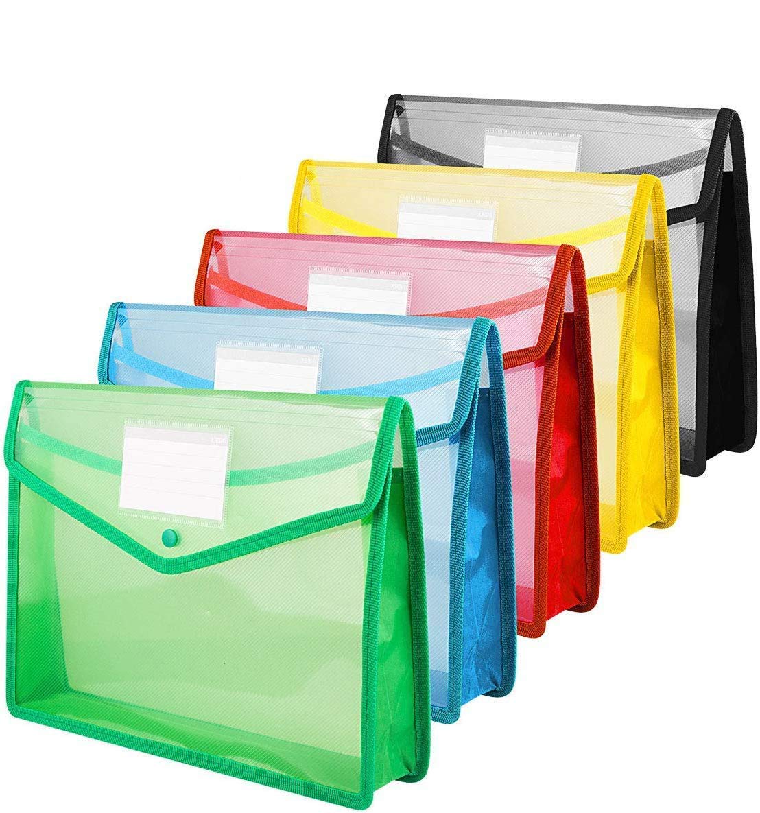 ASelected Document Pockets with Popper and Button - A4 Plastic Envelope Wallets Files Pack of 5 - Red, Blue, Yellow, Green, Black