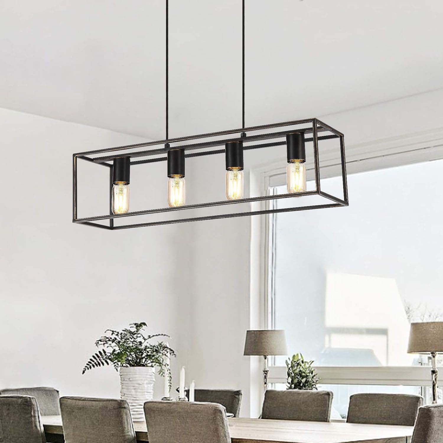Industrial Linear Pendant Light Fixture, 4-Light Kitchen Island Lighting with Metal Open Frame . (Black+Brushed Gold, 4-Light) - - 