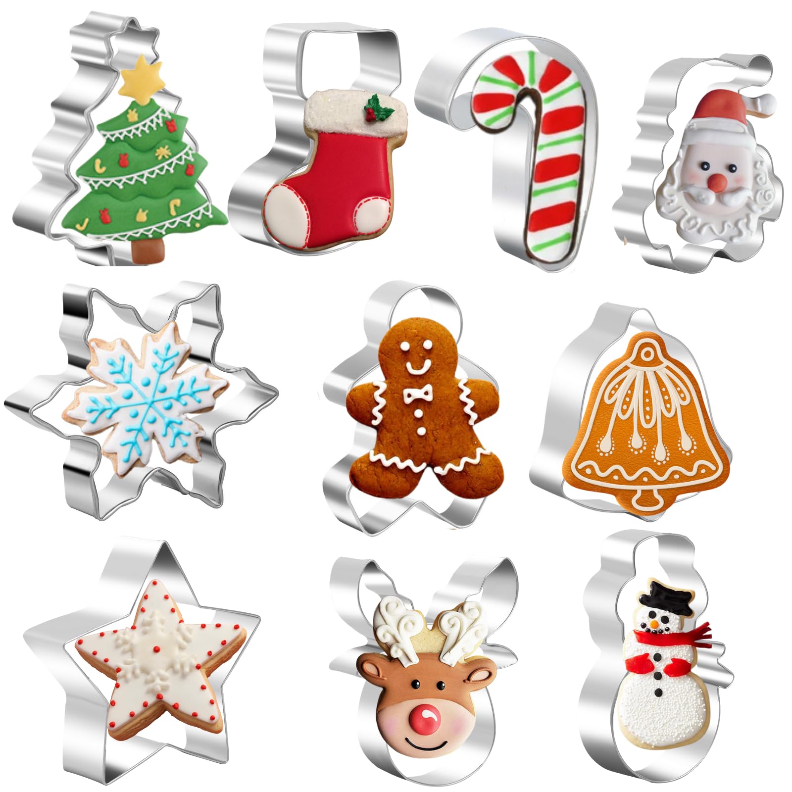 Christmas Cookie Cutters Set of 10,Stainless Steel Cookie Cutters, Xmas Tree Gingerbread Santa Claus Snowman Reindeer Snowflake Candy Cane Star Bell Socks Xmas Biscuit Pastry Cutter