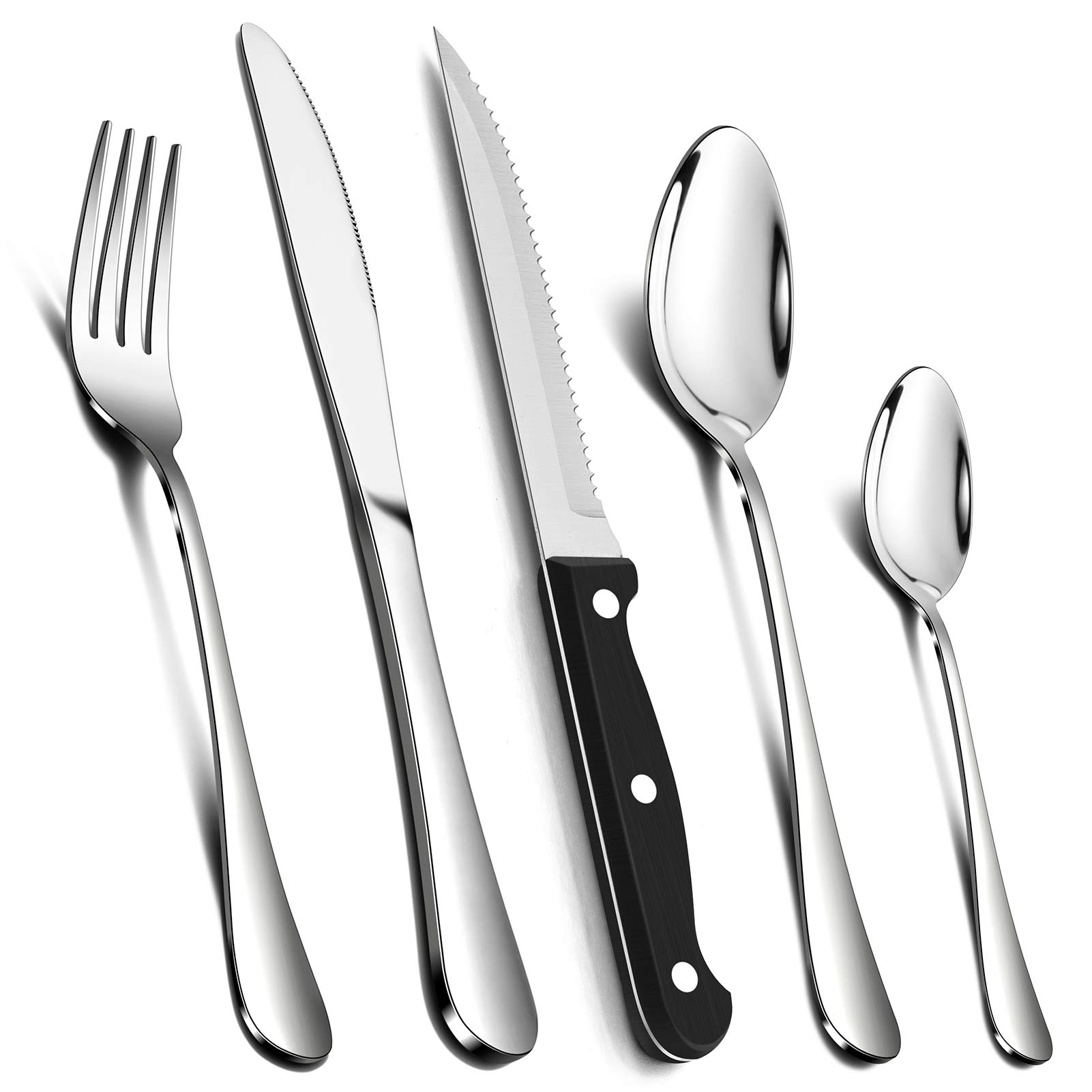 24 Piece Cutlery Sets with 6 Piece Steak Knives, Homikit Stainless Steel 30-Piece Silver Cutlery Flatware Set, Dinnerware Fork Knife Spoon Set Service for 6, Mirror Finished & Dishwasher Safe