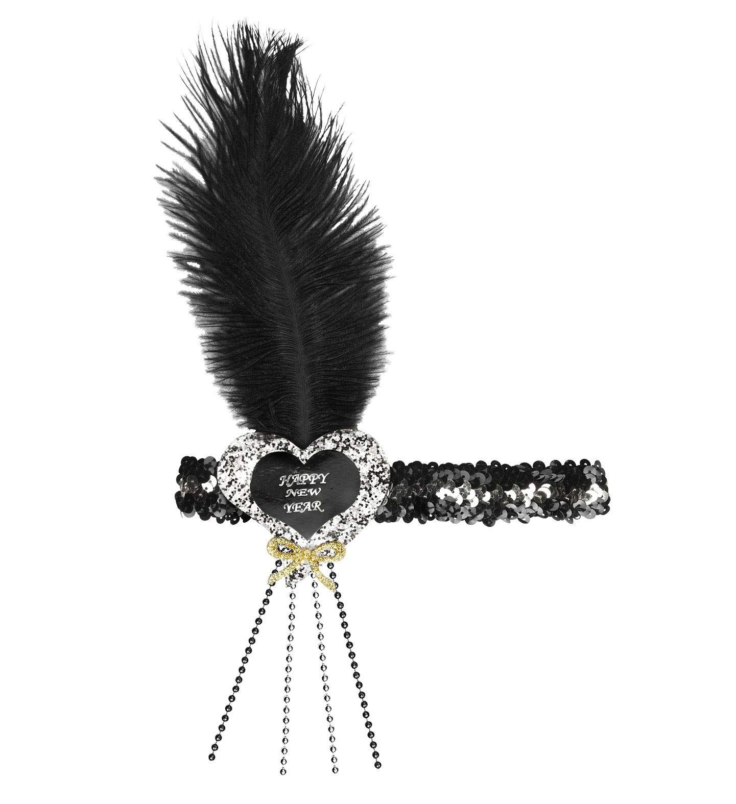 WIDMANN 04145 - Happy New Year Headband in Sequins, Adult Woman, with Heart and Feather, New Year, 10s-20s-30s, One Size, Black-Silver Color