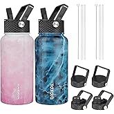 BJPKPK 2 Pack Insulated Water Bottles with Straw Lids, 27oz Stainless Steel Metal Water Bottle with 6 Lids, Leak Proof BPA Free Jugs, Cups, Flasks for Travel, Sports (Blossom+Ocean)