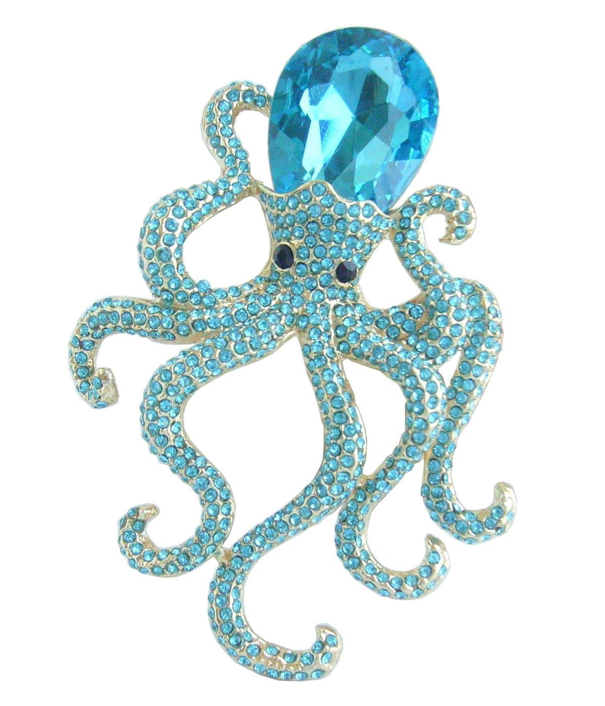 Sindary 3.15" Art Style Animal Octopus Brooch Pin Pendant Austrian Crystal UKB5097 (Gold-Tone Lake Blue)