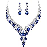BriLove Women's Wedding Bridal Austrian Crystal Teardrop Flower Cluster Statement Necklace Dangle Earrings Jewelry Set for Party Prom