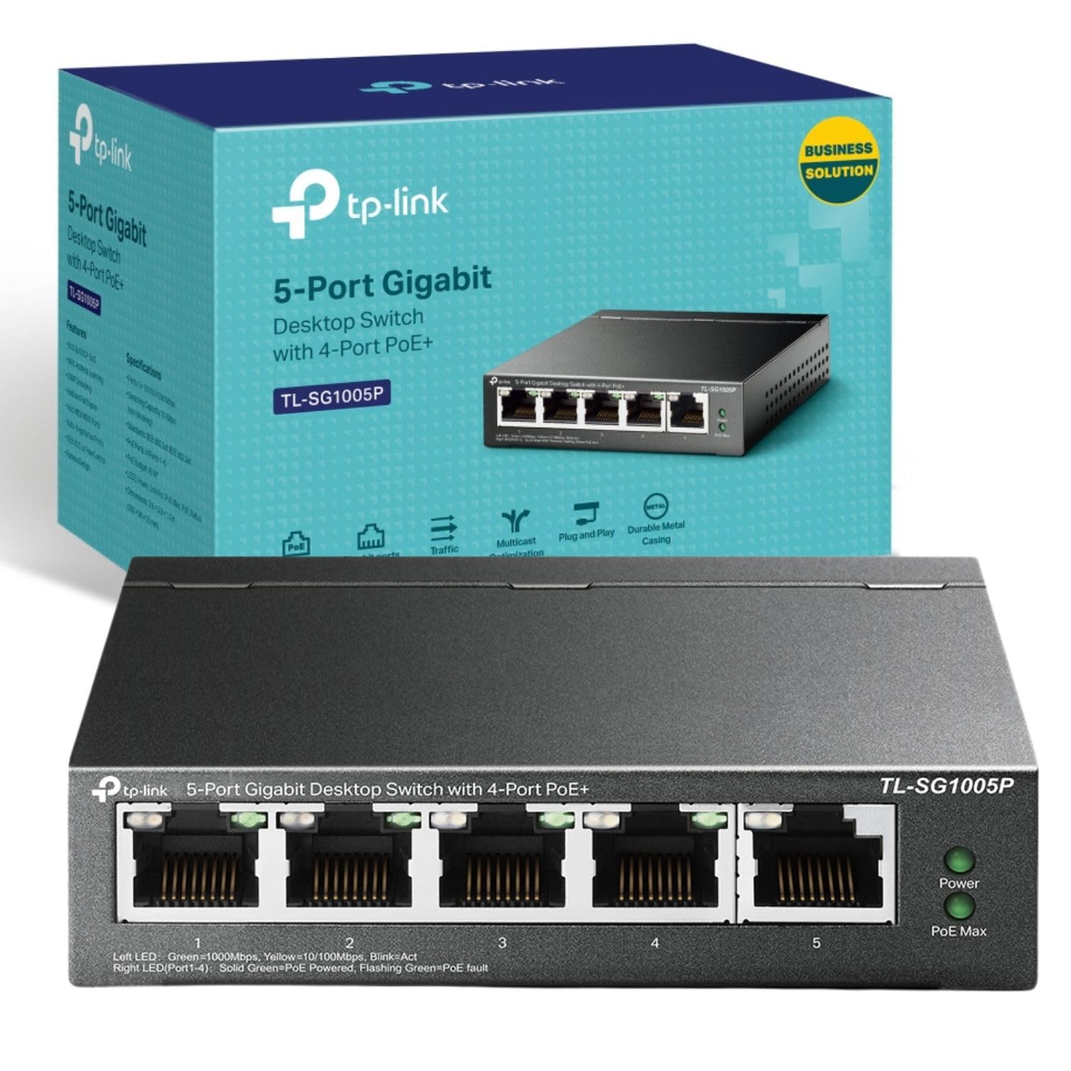 TP-Link TL-SG1005P 5-Port Gigabit Desktop PoE Switch with 4-Port PoE+, 802.3af/at 30W, 65W Total Budget, 802.1p/DSCP QoS for Traffic Prioritization, Intelligent Power Management, Metal Casing