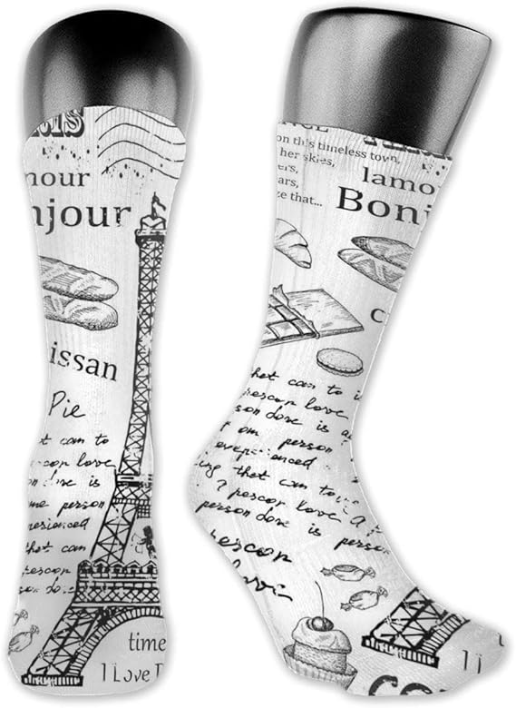 Amazon 圧縮ソックスミディアムソックス 伝統的な有名なパリの要素ボンジュールクロワッサンコーヒーエッフェル塔のイラスト 服 ファッション小物 通販