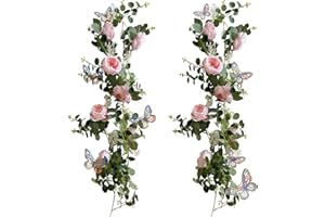 Mother's Day Artificial Flower Garland 2pcs,Peony Vine Spring Eucalyptus Garland Vintage Fake Floral Rose Flower with 3D Butt