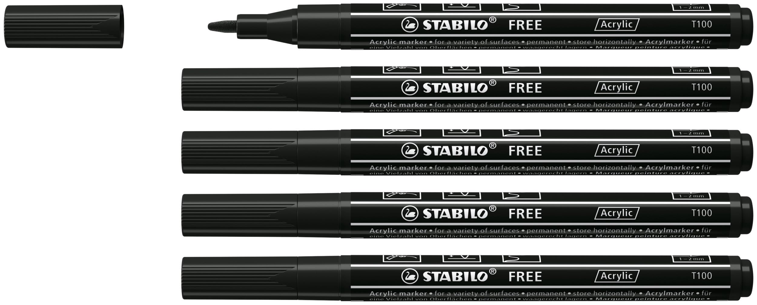 STABILO FREE - Acrylic Marker - ARTY - T100 Round Tip 1-2mm - Pack of 5 - Black