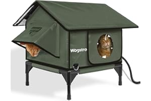 WAGSTRO Gable Heated Cat House for Outside Cats in Winter, 100% Waterproof, Escape Door, Elevated, Insulated Outdoor Cat House Shelter with Heater for Feral Cat (Olive Green, 16"x16"x19")