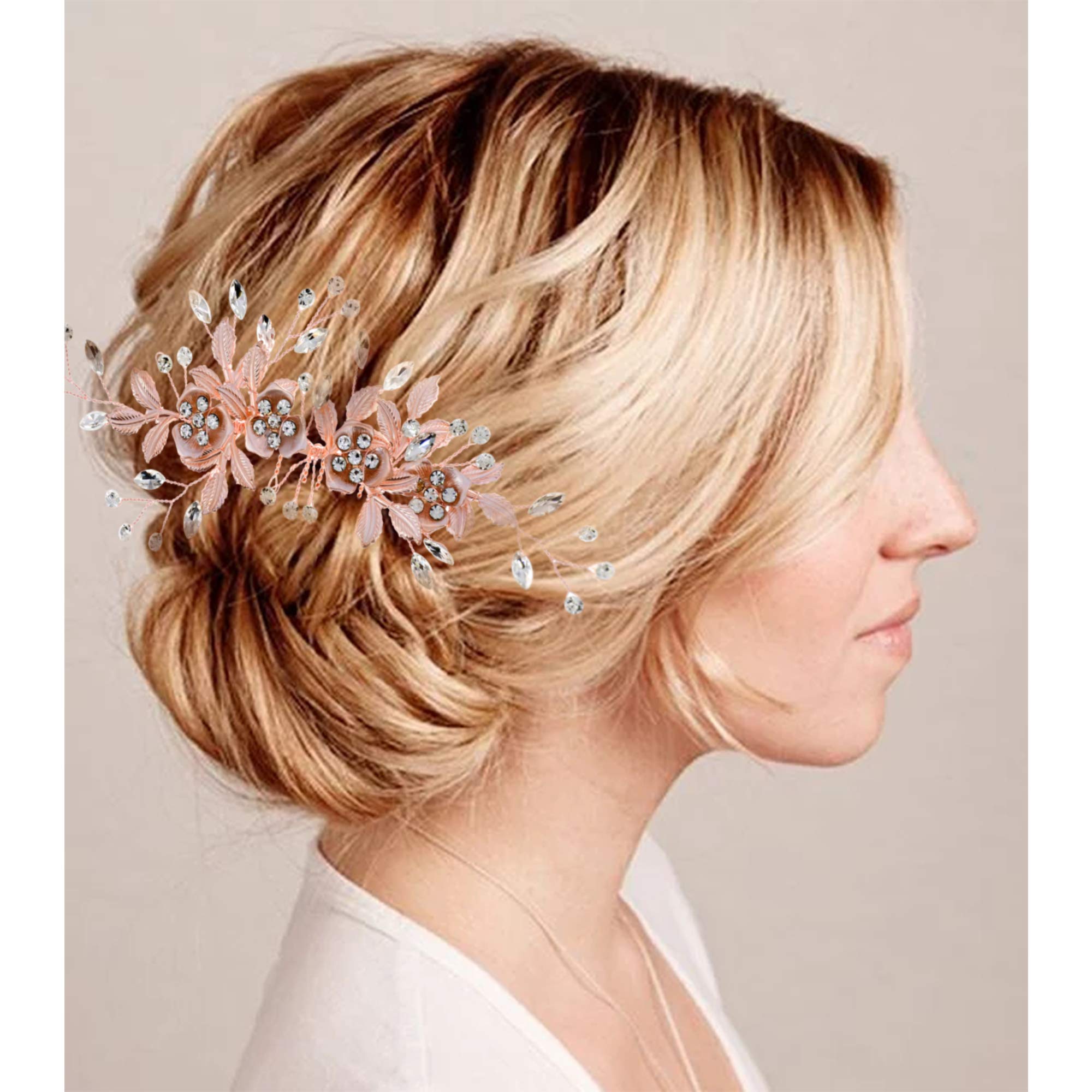 Flower Hair Clip Barrate Birthday Wedding Prom Girl Women Hair Piece Accessory, Leaf Paves, Rose Gold (Rose Gold #2)