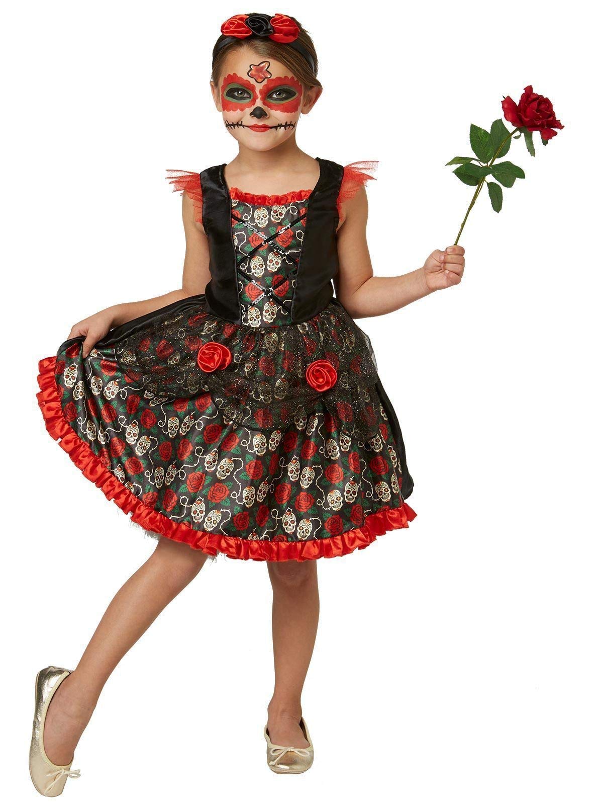 Rubies Official Red Rose Day of the Dead Halloween Girls Costume, Childs Size Large Age 7-8 Years