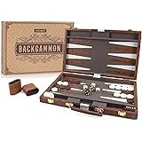 AMEROUS Backgammon Set, 15 Inches Classic Board Game with Leather Case, Folding Board, Gift Package, Portable Travel Strategy