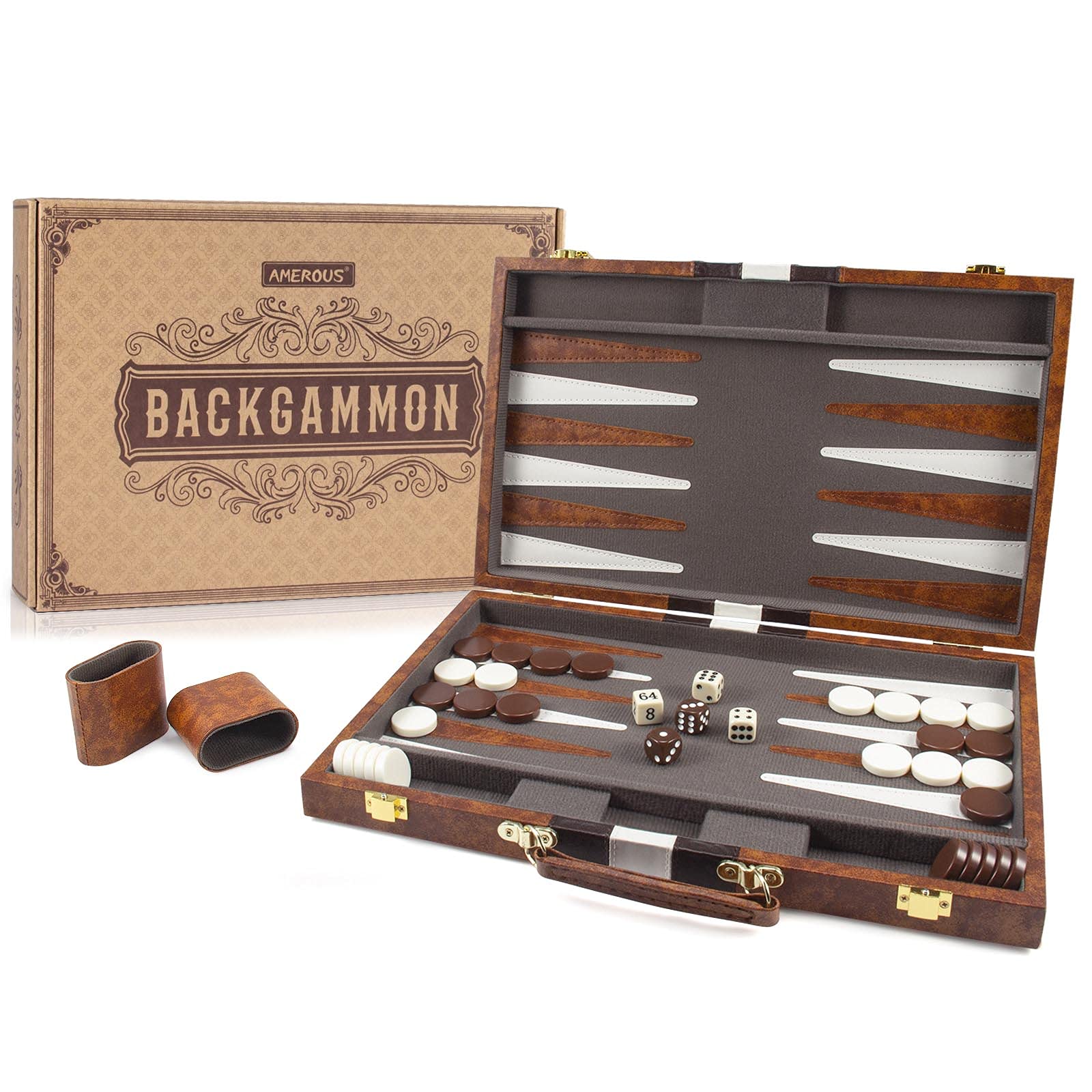 Photo 1 of AMEROUS Backgammon Set, 15 Inches Classic Board Game with Leather Case, Folding Board, Gift Package, Portable Travel Strategy Backgammon Game Set for Adults, Kids (Medium, Brown)