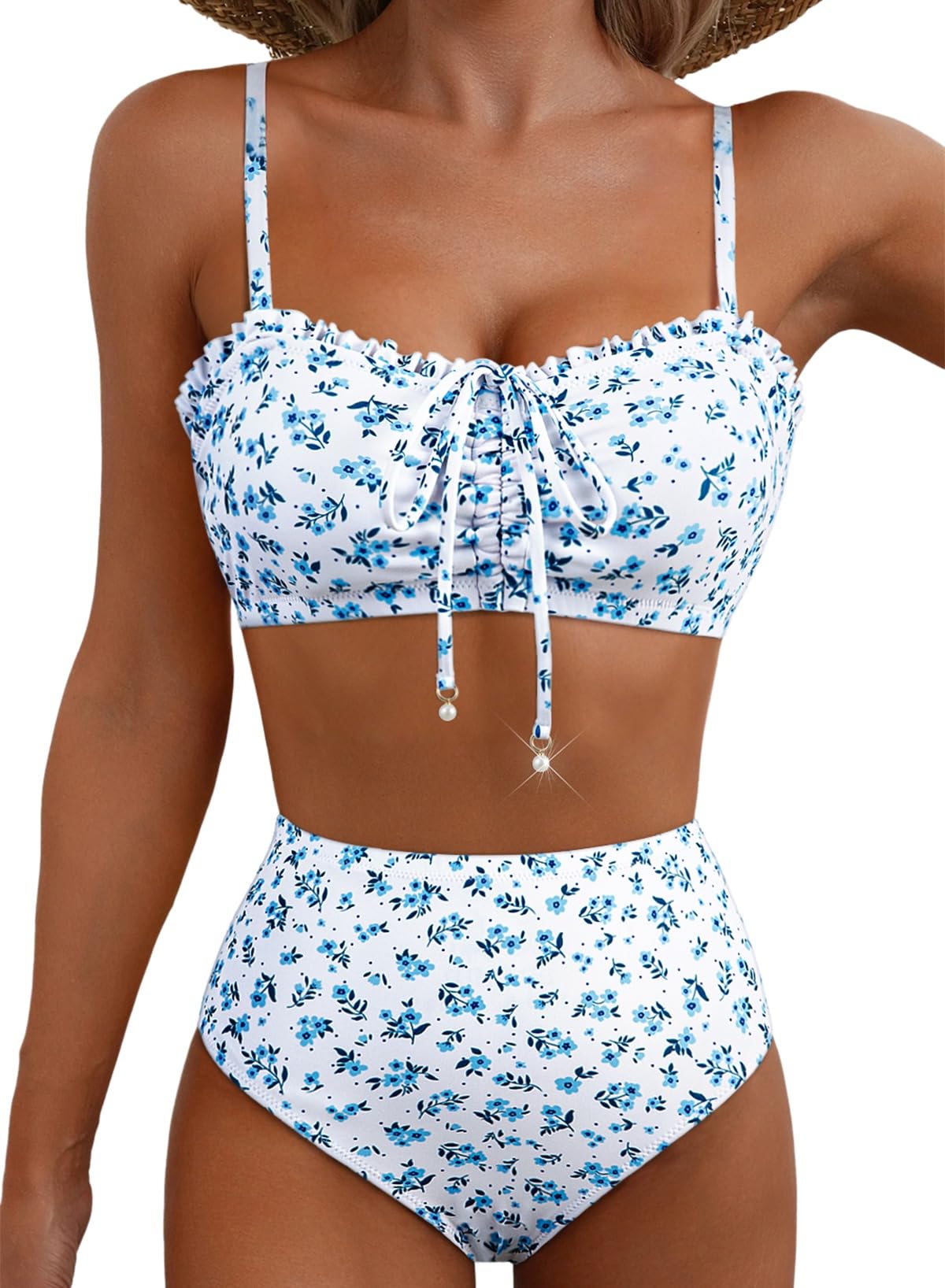 Photo 1 of Herseas Women's High Waisted Bikini Sets Ditsy Floral Print Drawstring Front Top Pearl Decor Swimsuit Ruched Ruffle Trim Wire Free Padded 2 Piece Bathing Suit Cute Swimwear Sky Blue Floral Medium