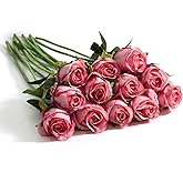 Amore Florals 12 Pcs Deep Pink Roses Artificial Flowers -20" Silk Roses Bouquet,Fake Roses Long Stem for Arrangement Wedding Centerpiece Home Office Party Decor