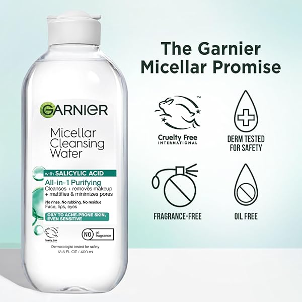 GARNIER MICELLAR WATER WITH SALICYLIC ACID, ALL-IN-1 MATTIFYING FACIAL CLEANSER AND MAKEUP REMOVER FOR OILY AND ACNE PRONE SKIN, 13.5 FL OZ