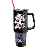 Silver Buffalo Friday The 13th Featuring Jason Voorhees’s Splatter Mask Double Walled Stainless Steel Tumbler with Handle and Straw, Fits in Standard Cup Holder, 40 Ounces