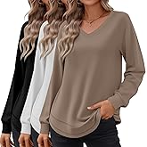 Riyiper 3 Pack Women's Long Sleeve Sweatshirts, Cotton V Neck Tops Loose Fit Curved Hem Tunic Tops Basic Casual Fall Shirts