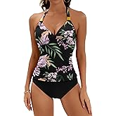 B2prity Halter Tankini Swimsuit for Women Tummy Control Two Piece Bathing Suit V Neck Swimwear with Shorts