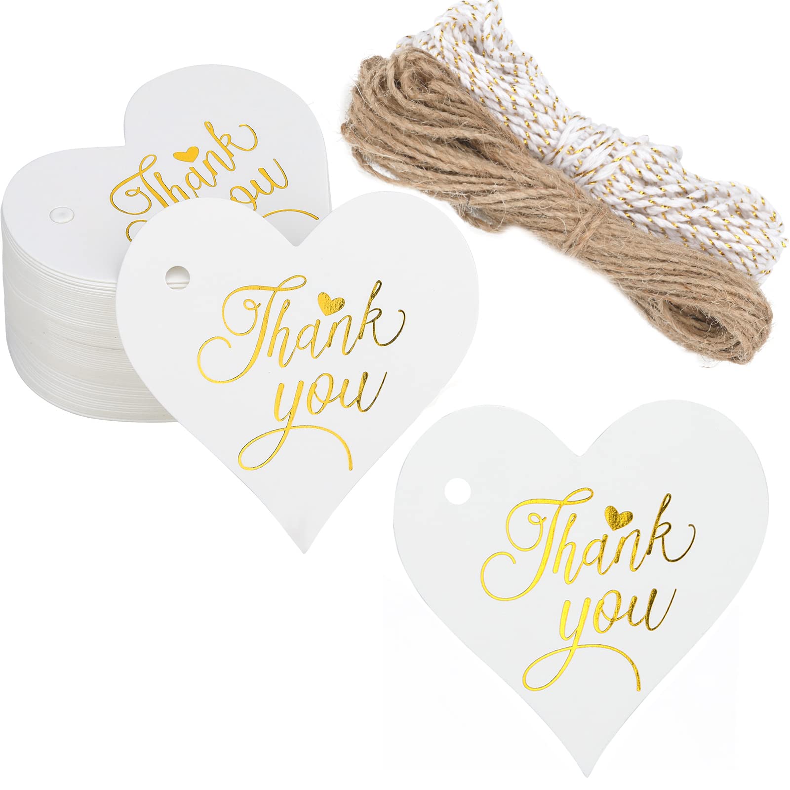 G2PLUS 100PCS Heart Thank You Tags With String - White High-end Hang Labels for Gifts, Craft Projects, DIY Wedding Favors (300g/m²)