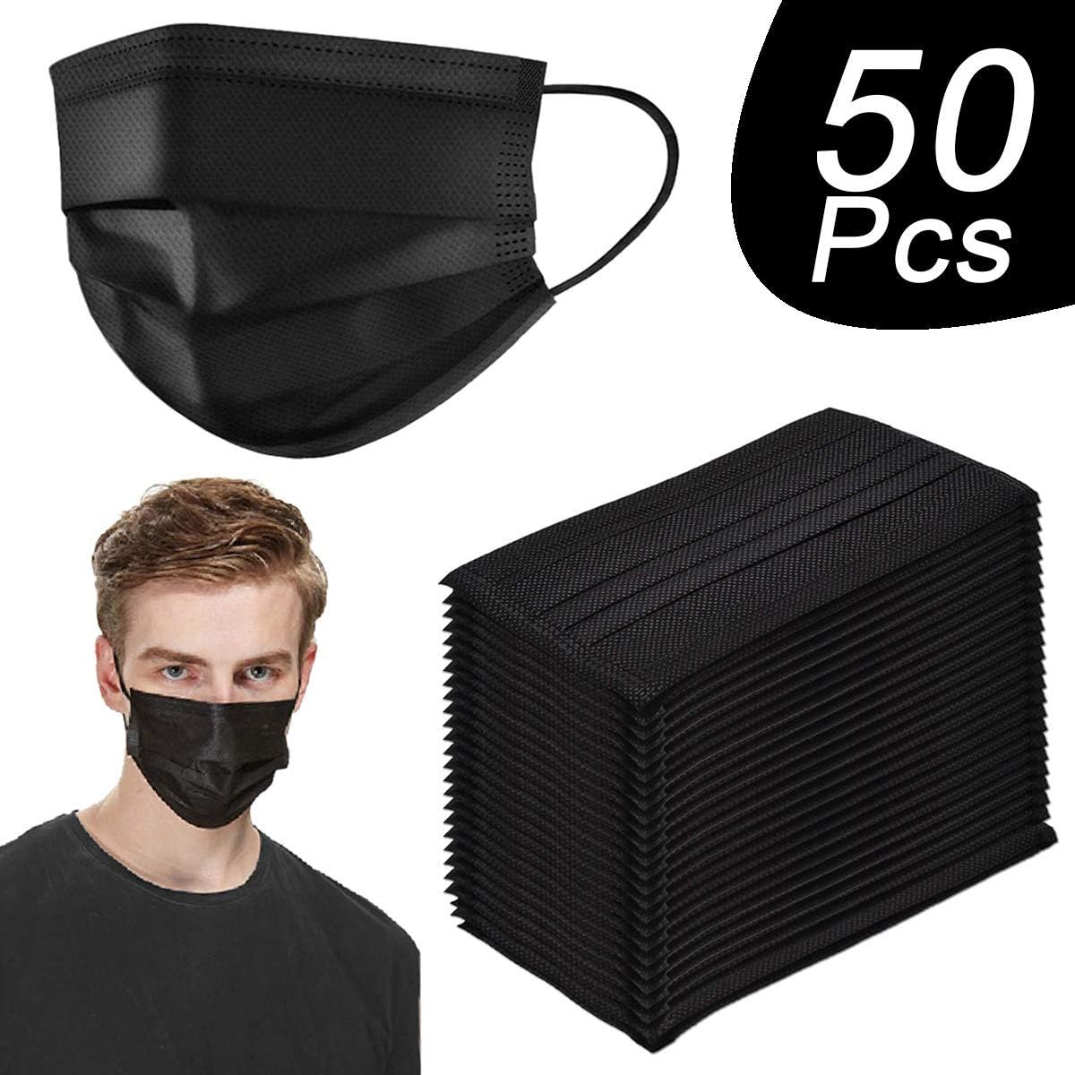 50 Pack Disposable Face Masks Four Layer Activated Carbon Filter Breathable Dust Filter Masks Mouth Cover (Black)
