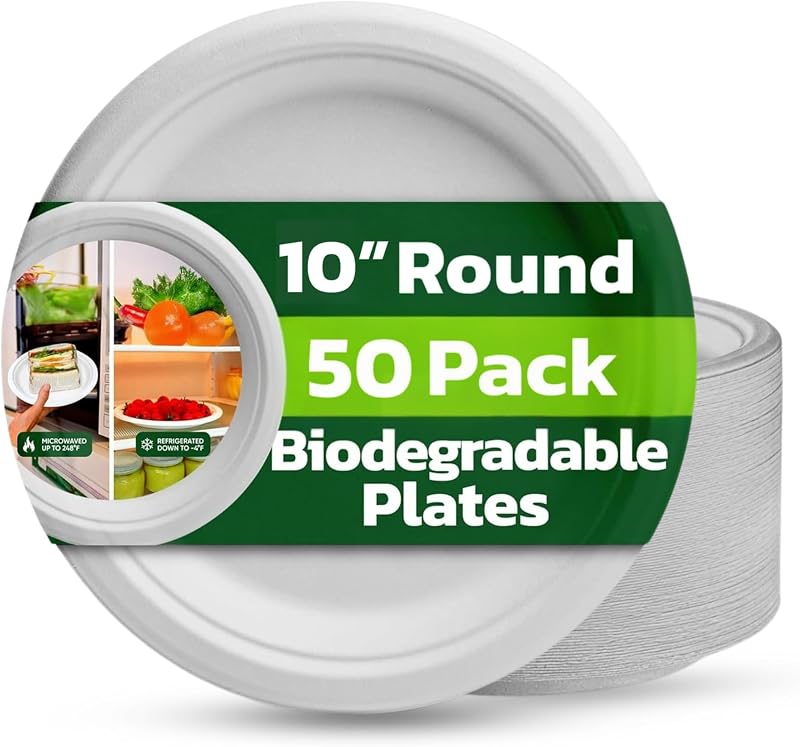 Ask Packaging 10 Inch Bagasse Compostable Plates 50 Pack Heavy Duty