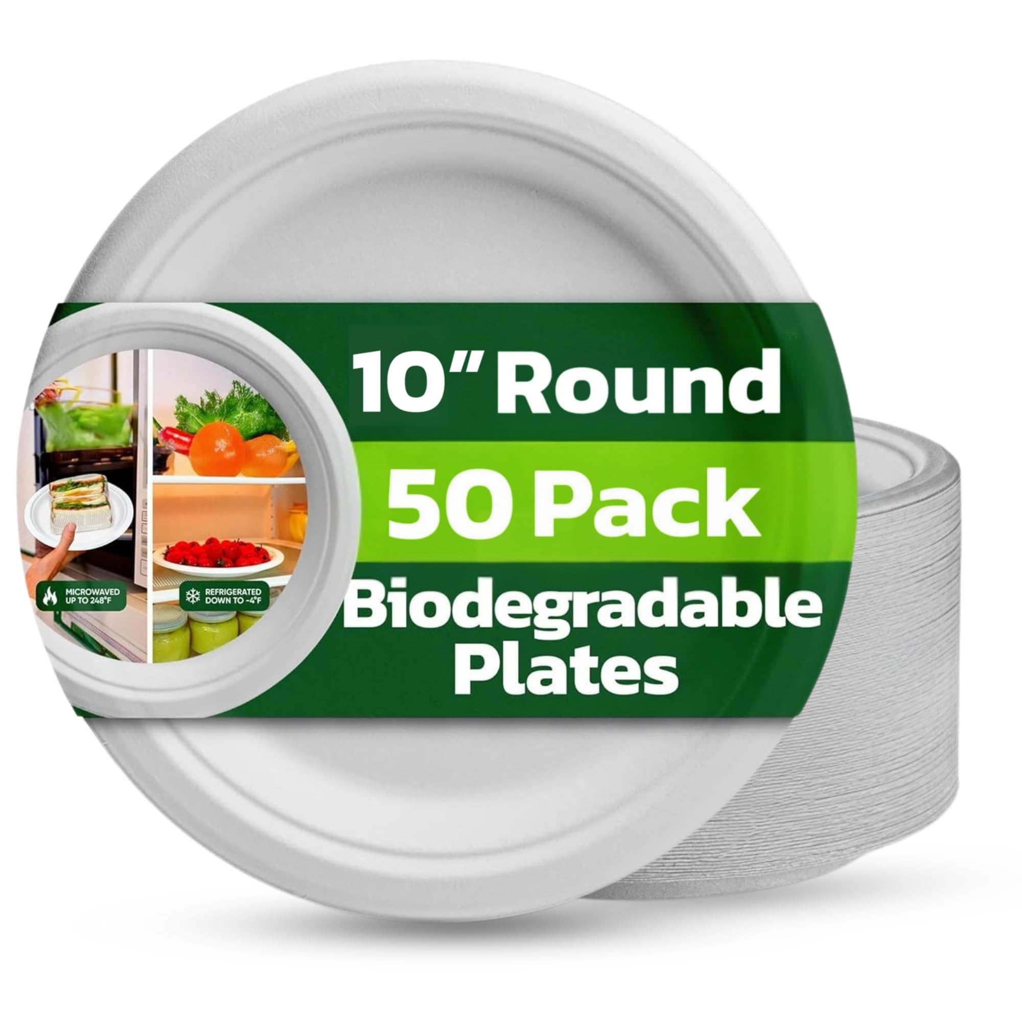 Ask Packaging Strong Paper Plates (10 Inch - 50 Pack) 100% Compostable Disposable Bagasse Plates - Heavy Duty Eco-Friendly Biodegradable Sugarcane Plate for Parties – Microwave & Freezer Safe — image 1