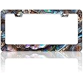 Faux Abalone License Plate Frame Stainless Steel Beautiful Abalone Shell License Plate Holder for Front and Rear Car Tags Funny for Car Decoration Accessories with Screws 6.3 X 12.2 in for Women Men